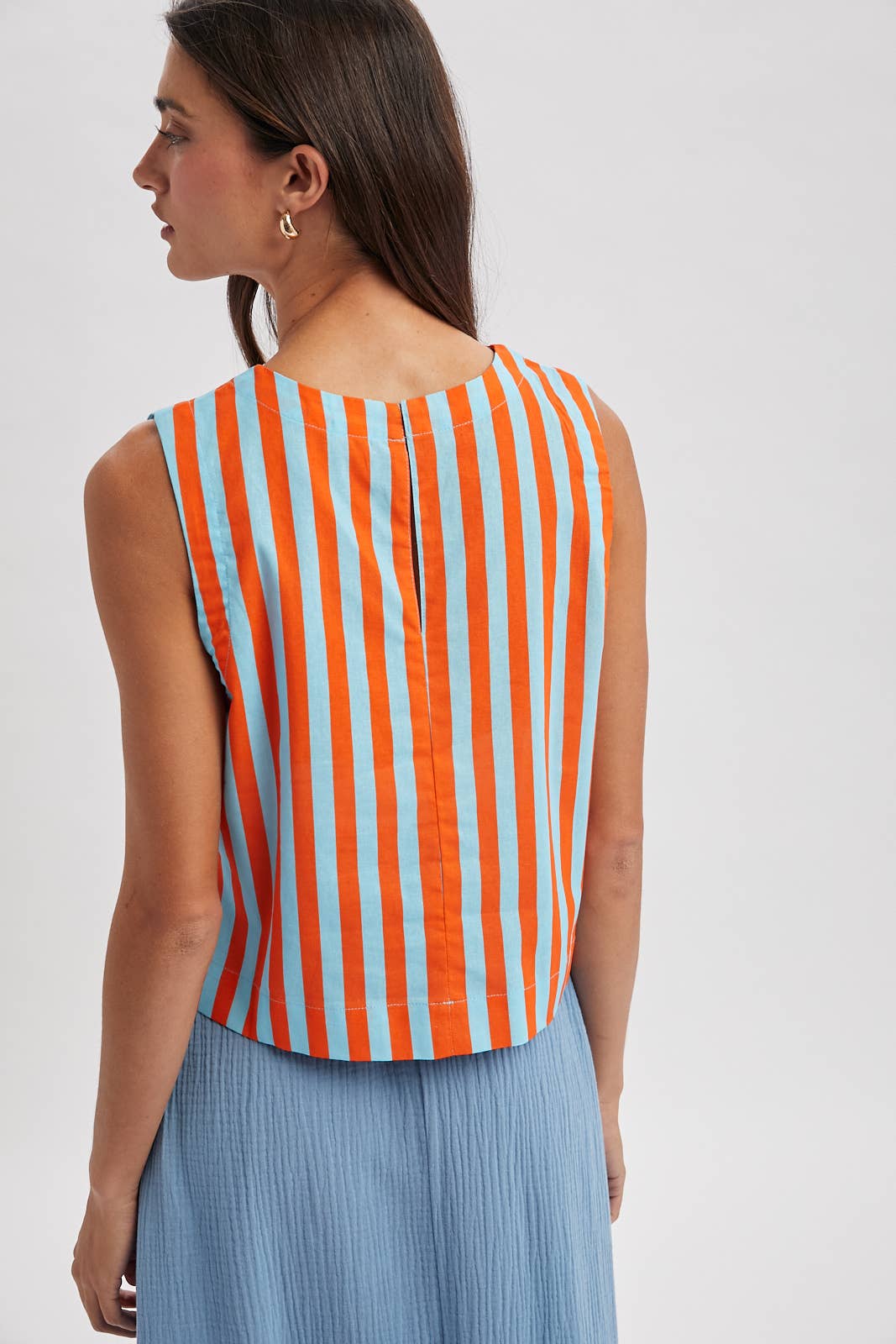 Striped Cotton Tank Top - Sky Blue/Orange