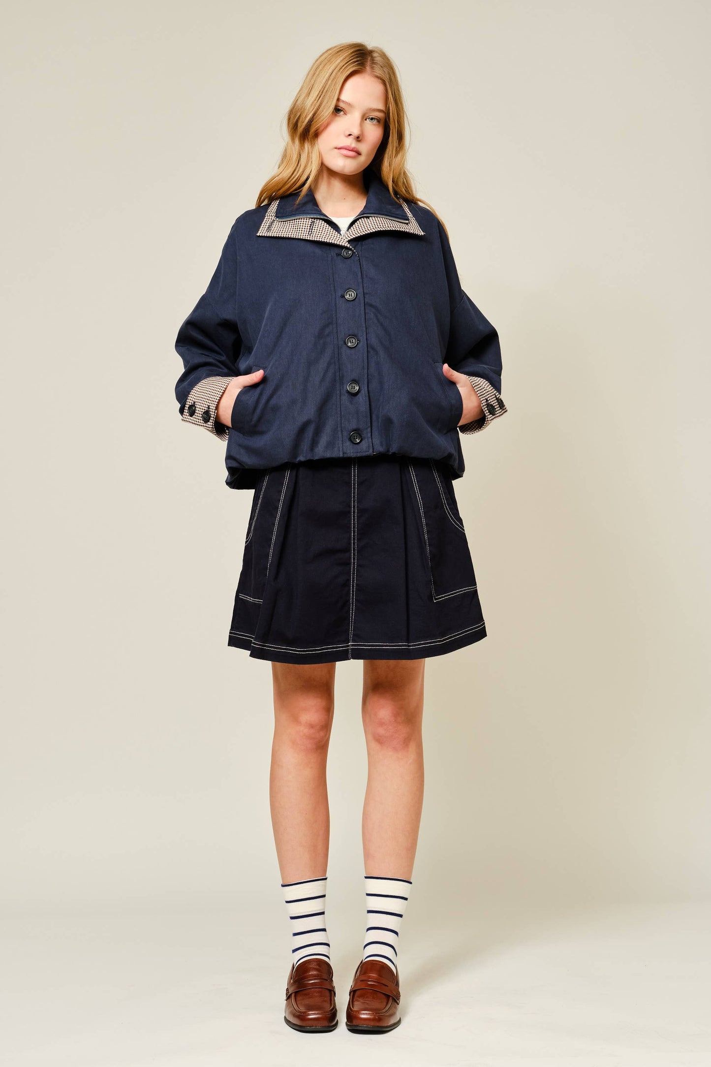 Oversized Bomber Jacket with Plaid Detail