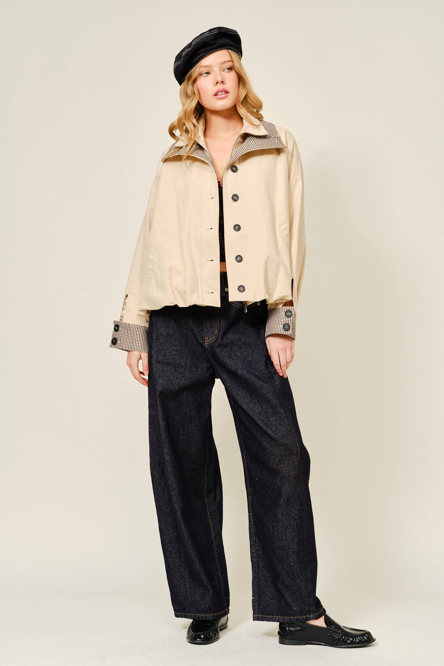 Oversized Bomber Jacket with Plaid Detail