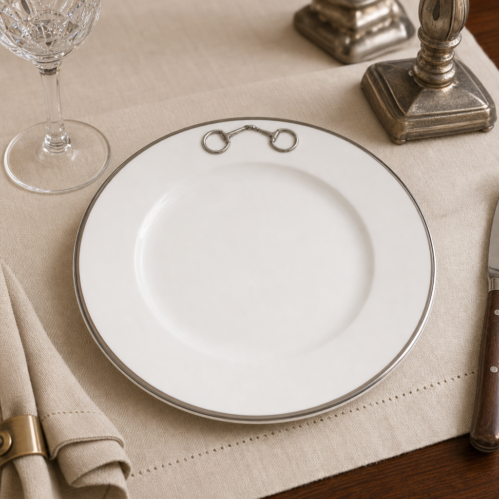 Pewter Bit Bone China Round Dinner Plate Platinum Rim