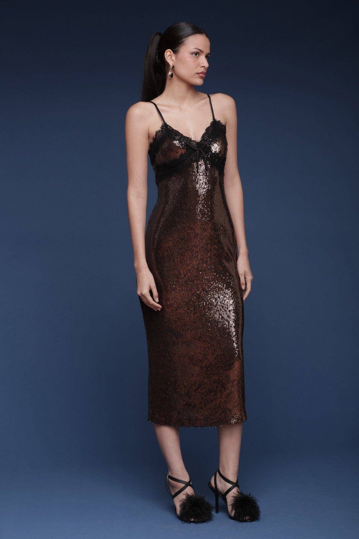 Lace Trimmed Sequin Slip Dress - Chocolate