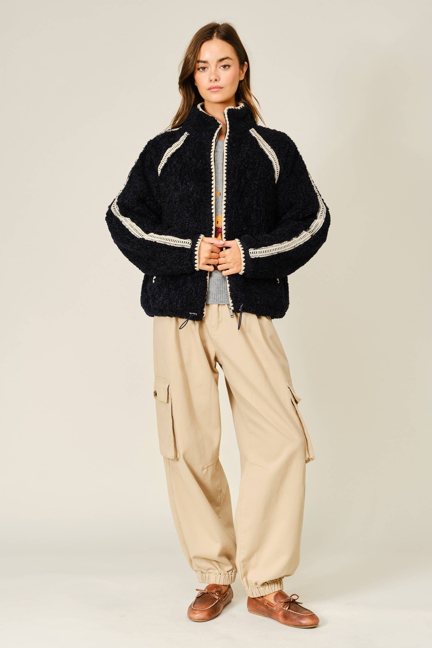 Embroidered Line Soft Teddy Fleece - Dark Navy
