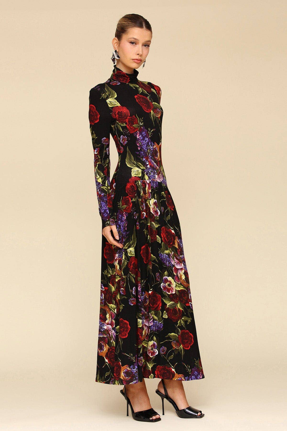 Dark Floral Drop-Waist Maxi Dress - Dark Portofino Rose