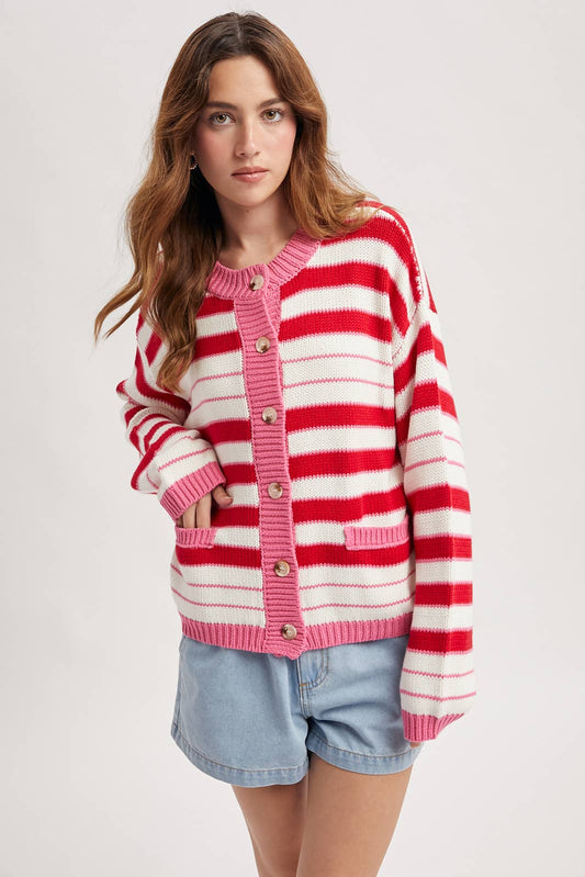 Striped Cotton Cardigan - Pink/Red