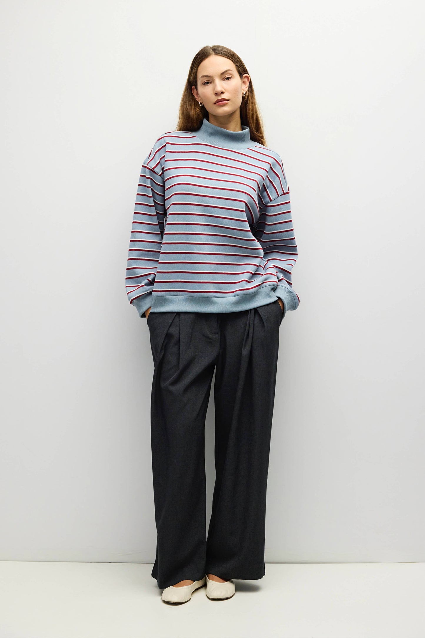 PREORDERThe Charlie Sweater Mock Neck Striped Sweater - Blue-Burgundy-White