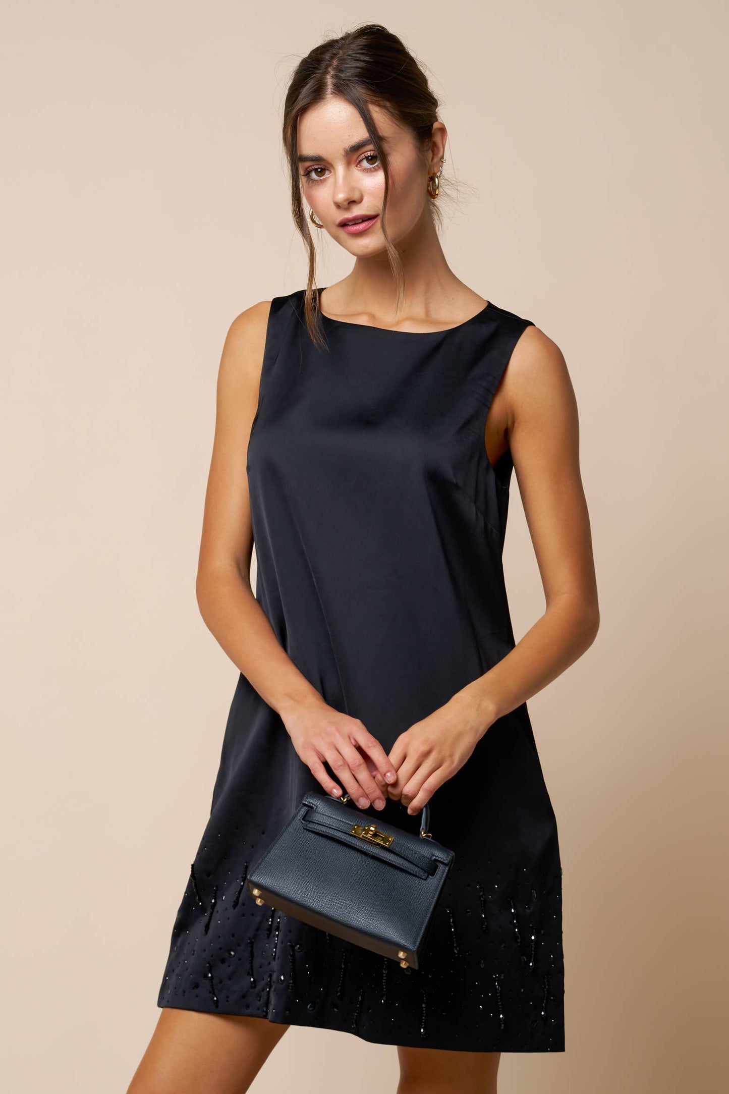 Bead Detail Satin Sleeveless Shift Dress - Black