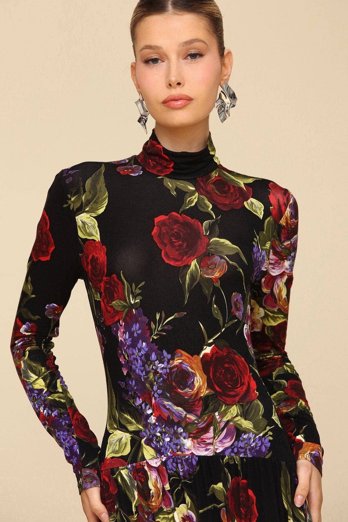 Dark Floral Drop-Waist Maxi Dress - Dark Portofino Rose