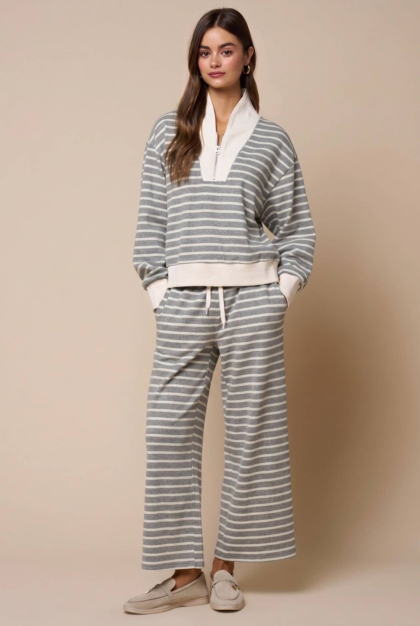 Stripe Have Zip-Up Contrast Sweatshirt - Grey/Ivory