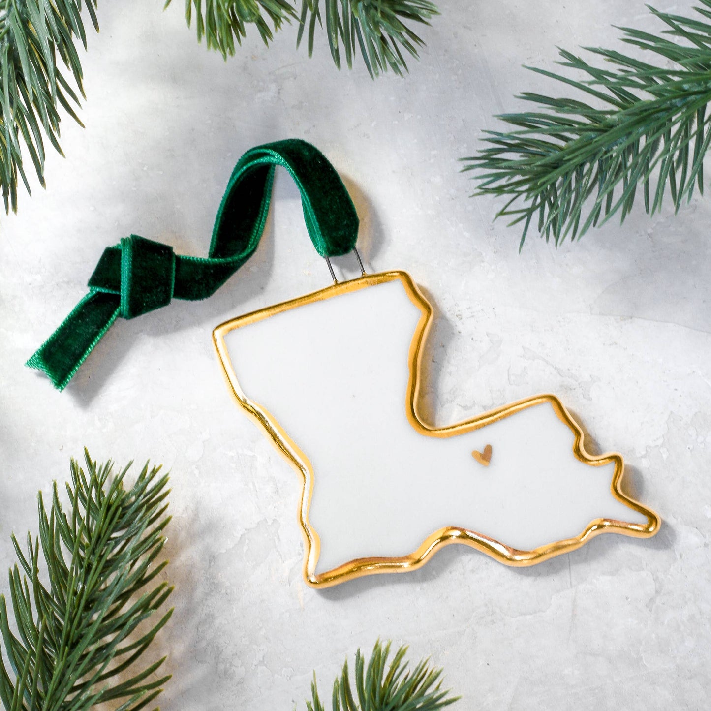 Handmade Porcelain State Ornaments with Gold Heart - Green / Rhode Island