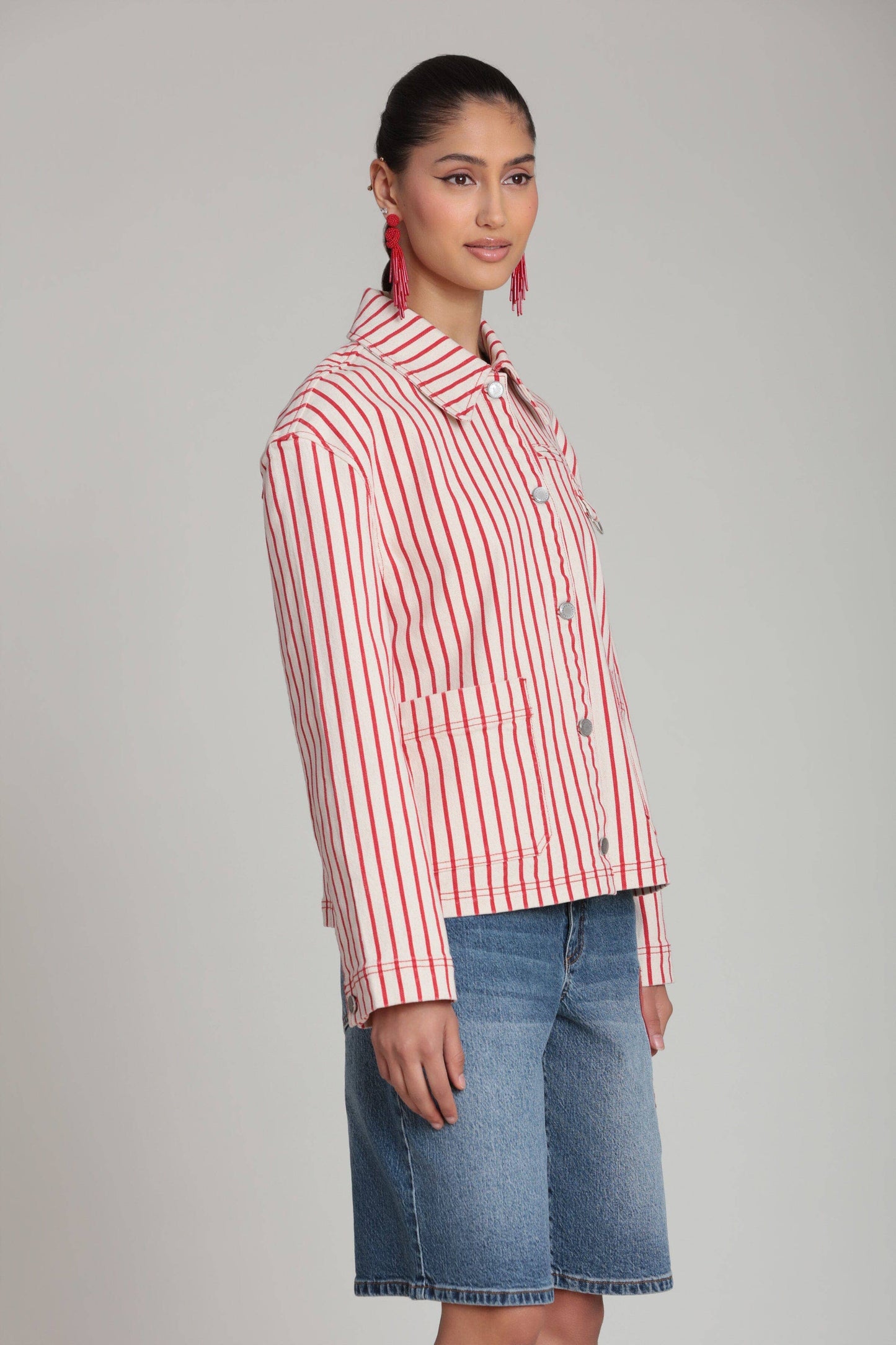 Striped Stretch Cotton Chore Jacket - Cream/Red Stripe