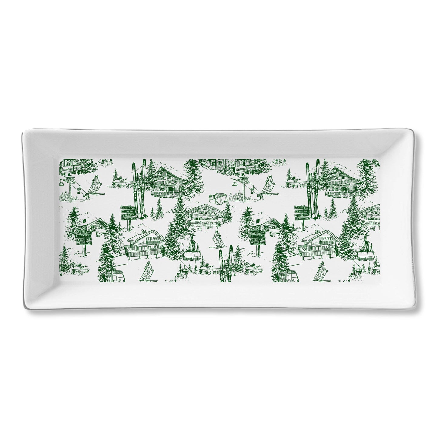 Ceramic Serving Tray - Green Skiing Toile