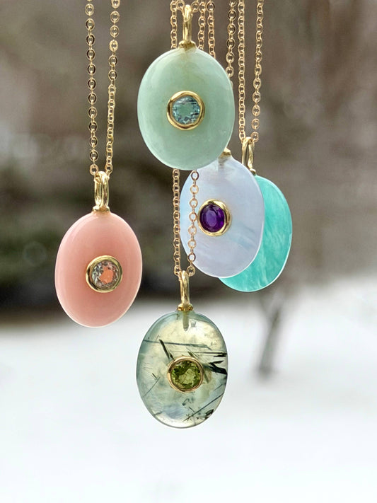 Oval Charm Cable Necklace - Prehnite & Peridot