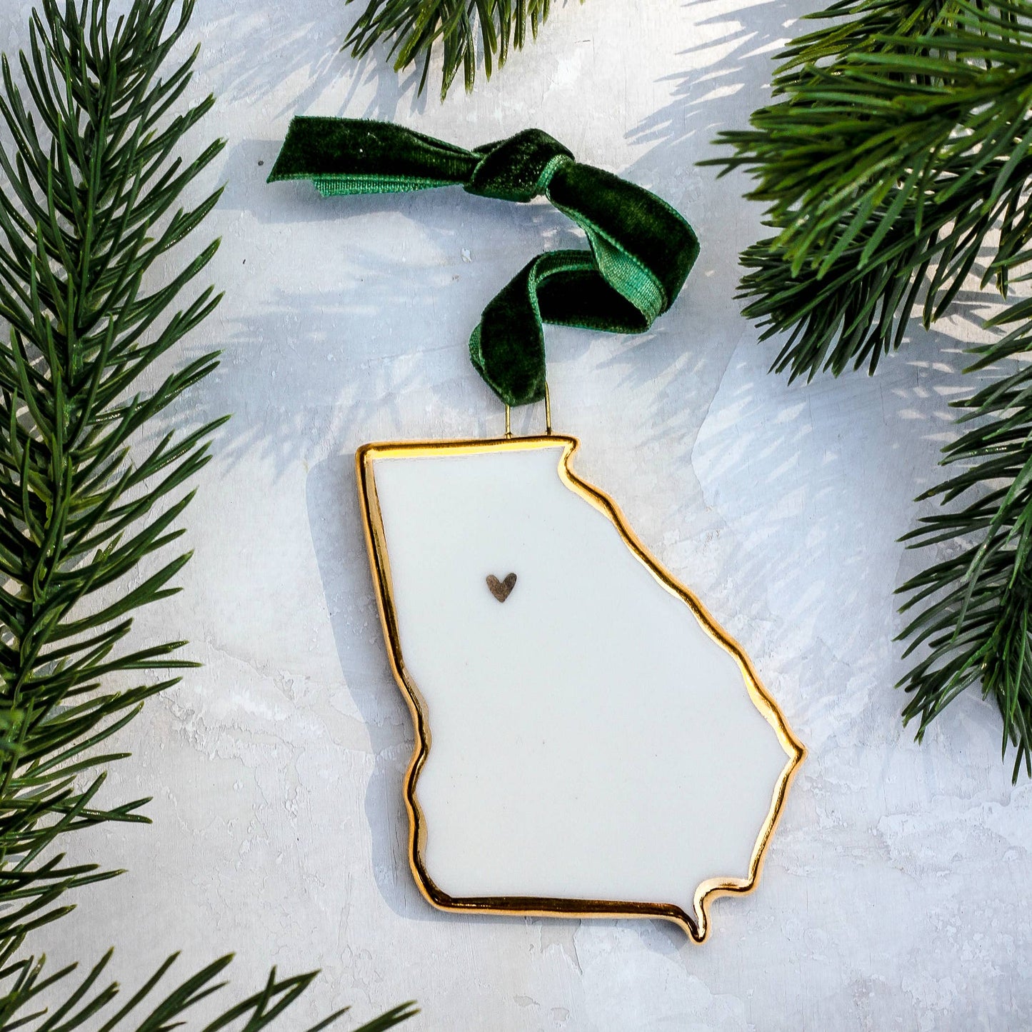 Handmade Porcelain State Ornaments with Gold Heart - Red / Rhode Island