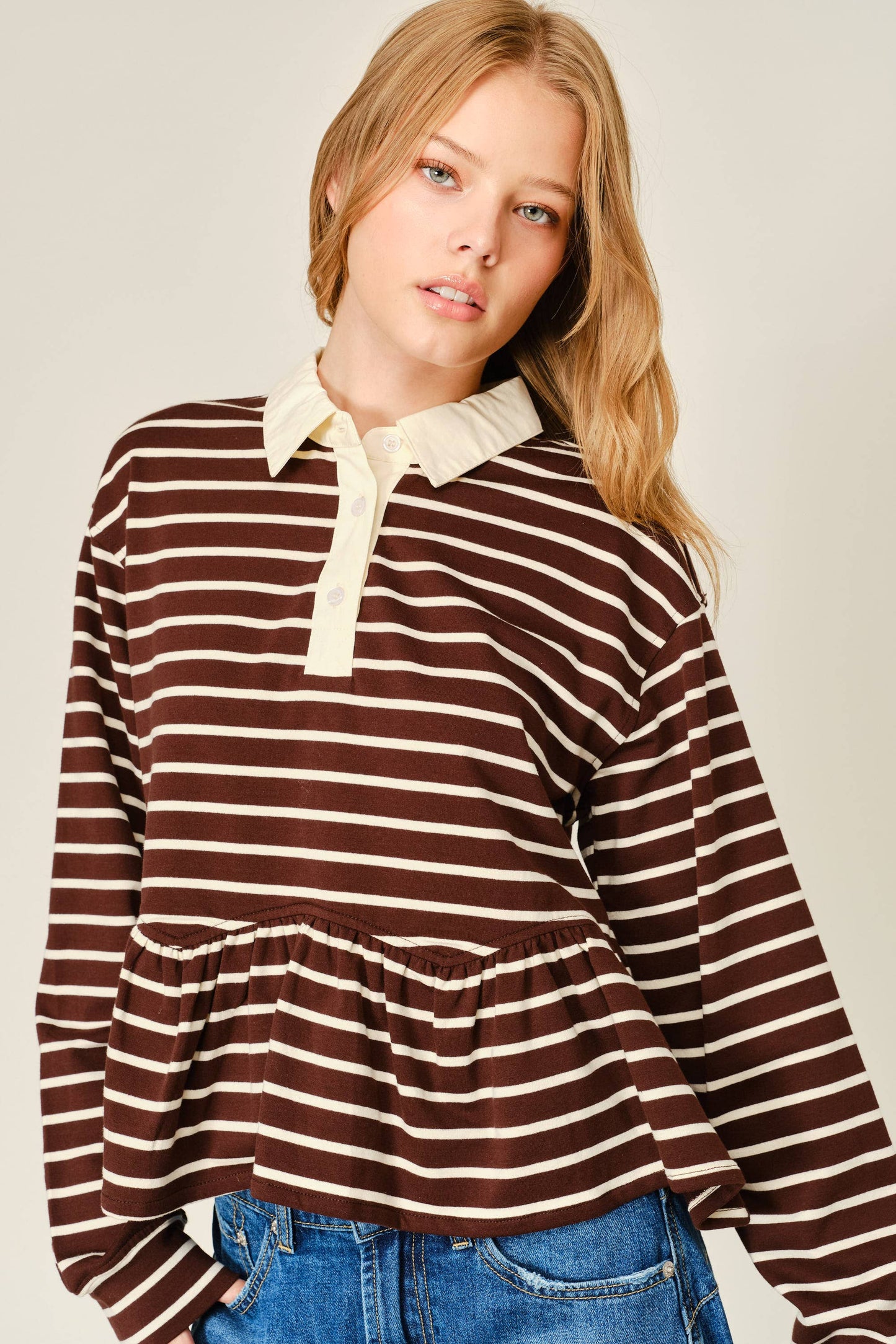 Flare Polo Sweatshirt Brown Stripes