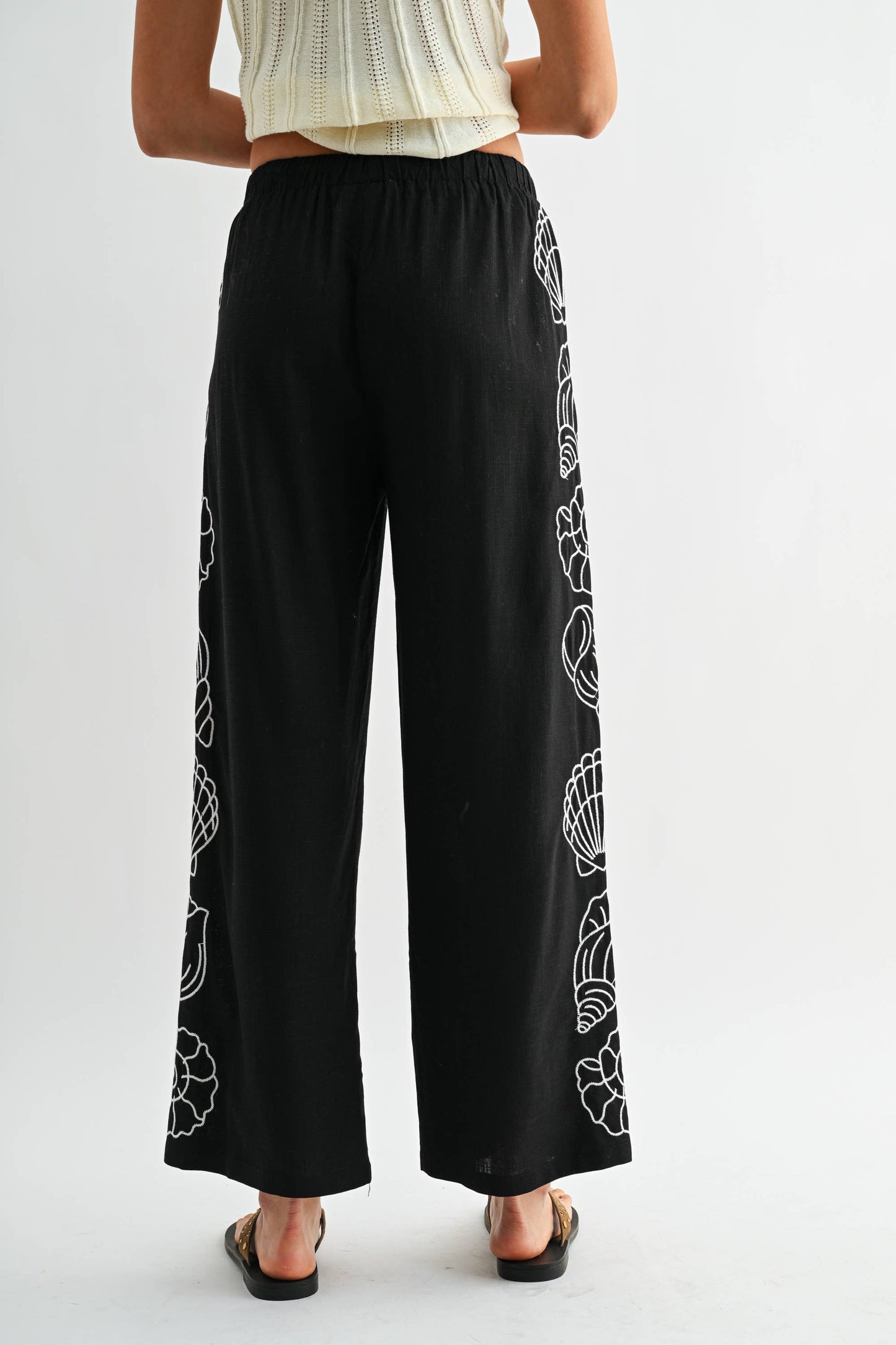 Wide Leg Pants - White Seashell Embroider
