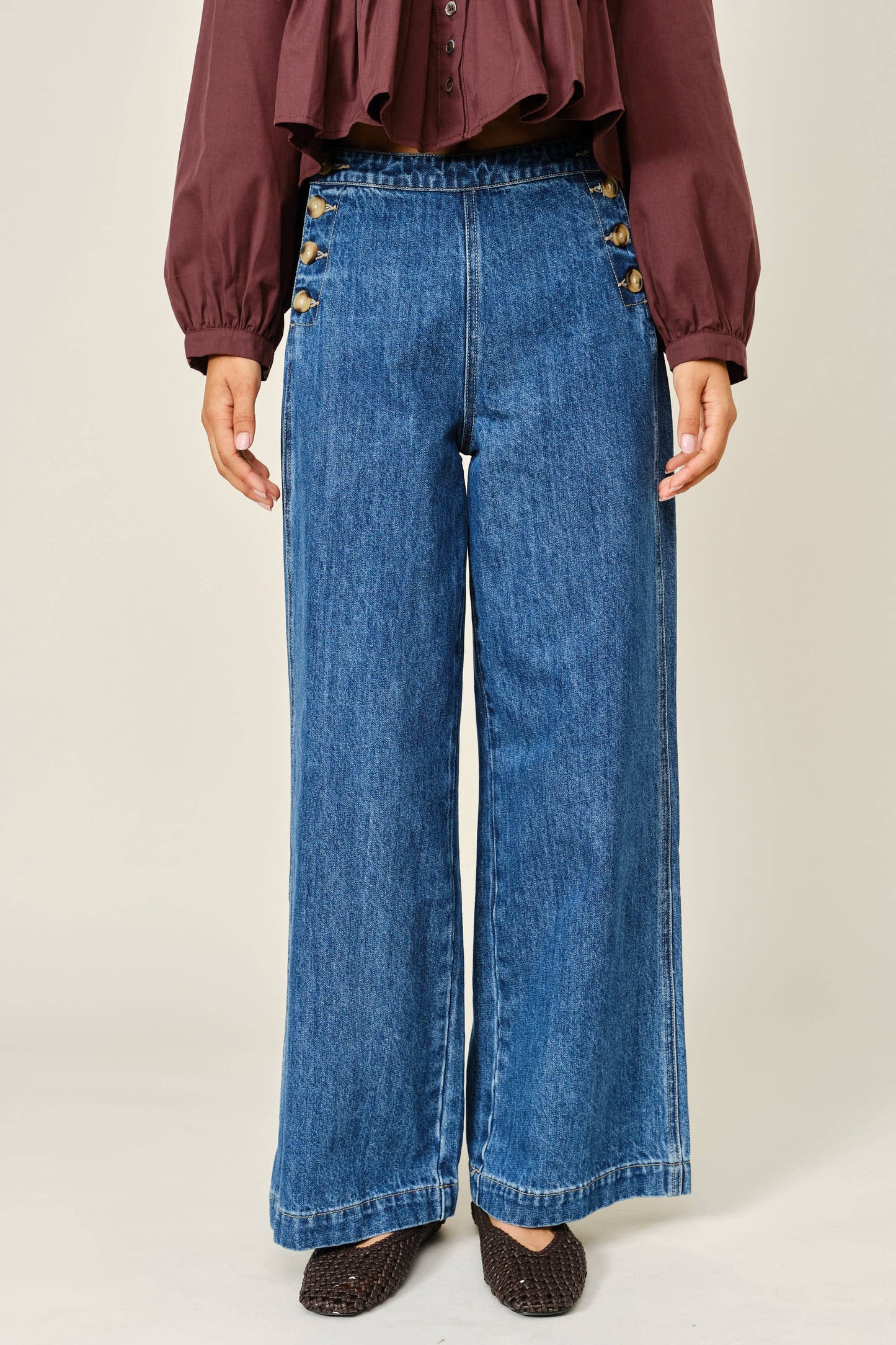 Side Button Detail Wide Leg Jeans