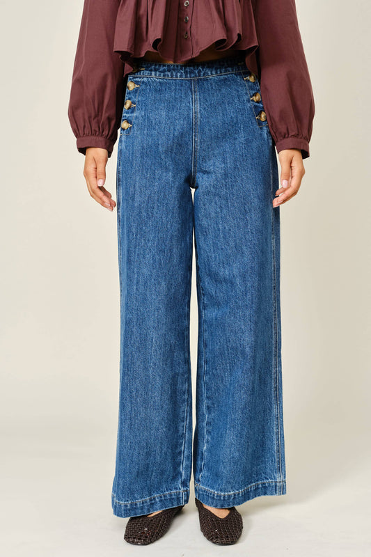 Side Button Detail Wide Leg Jeans