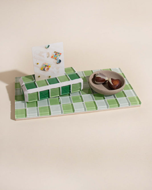 Glass Tile Checkered Tray - Green + White