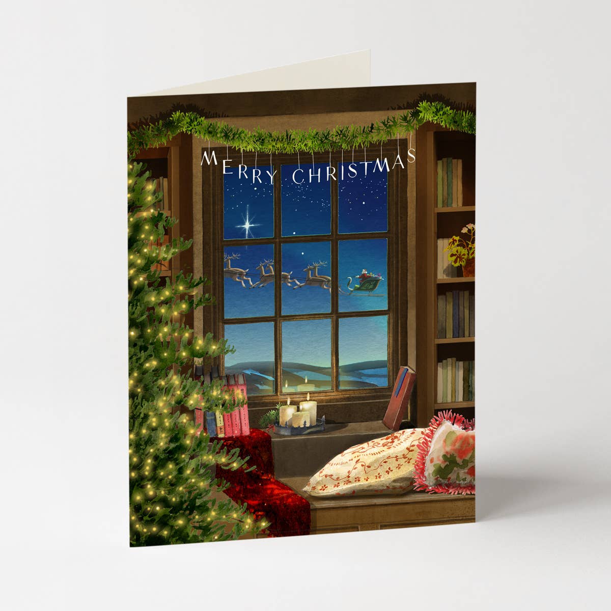 Santa Sighting - Holiday Christmas Card - Book Shelf