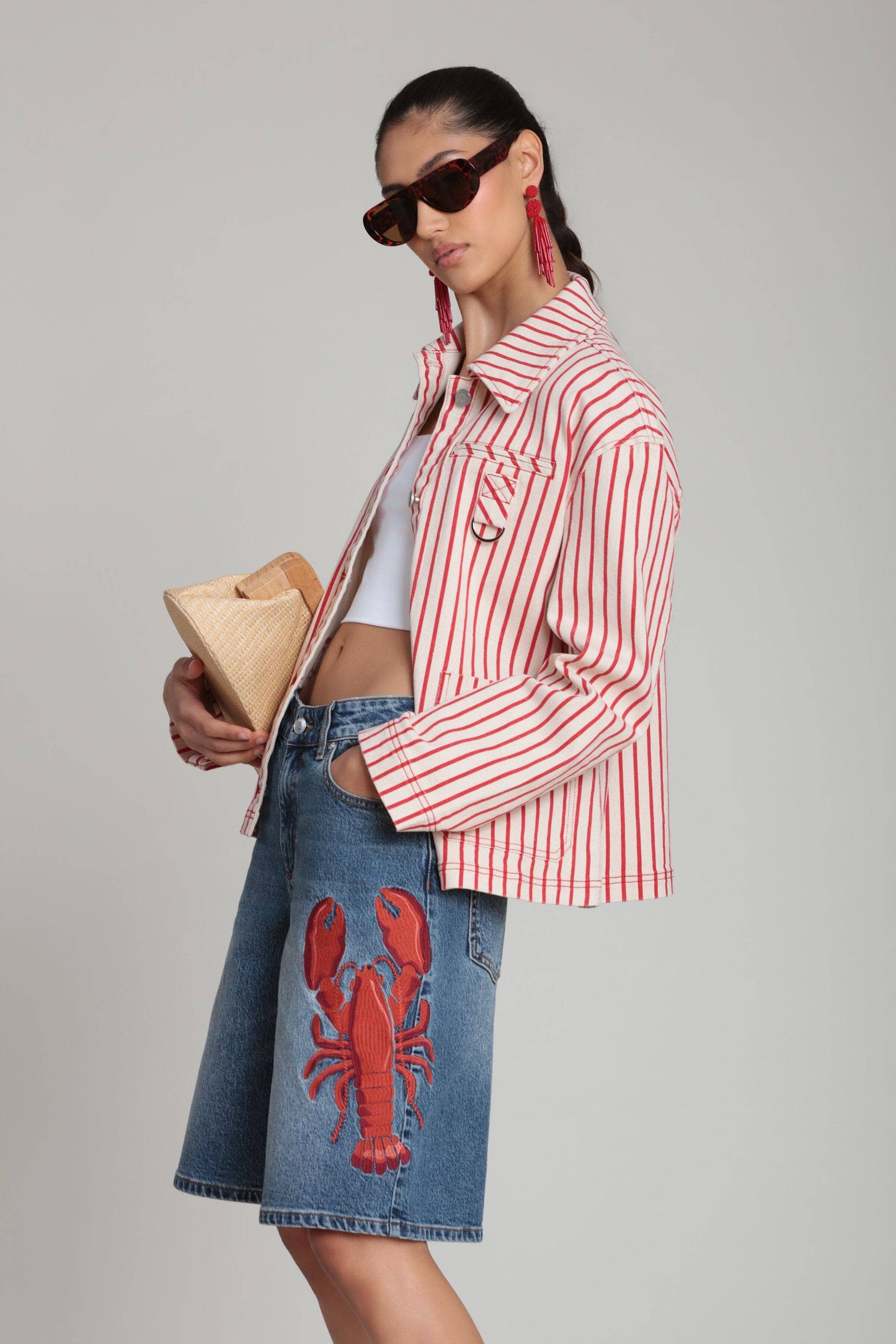 Striped Stretch Cotton Chore Jacket - Cream/Red Stripe