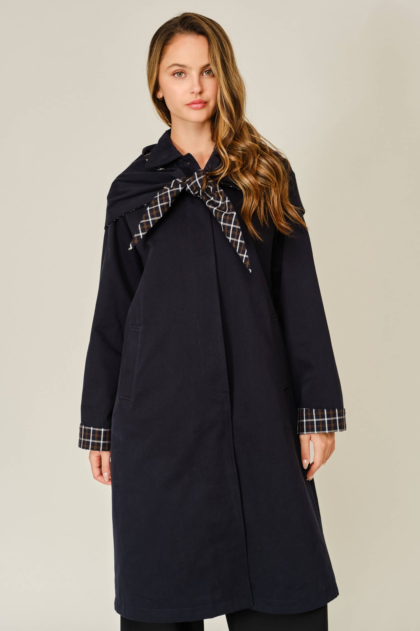 Detachable Scarf Button Down Jacket - Navy