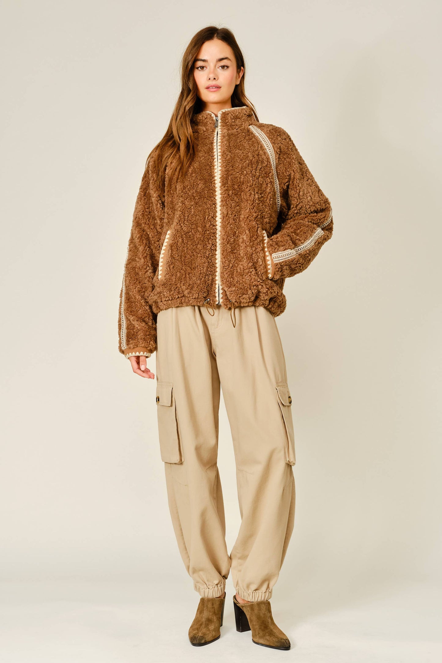 Embroidered Line Soft Teddy Fleece - Camel