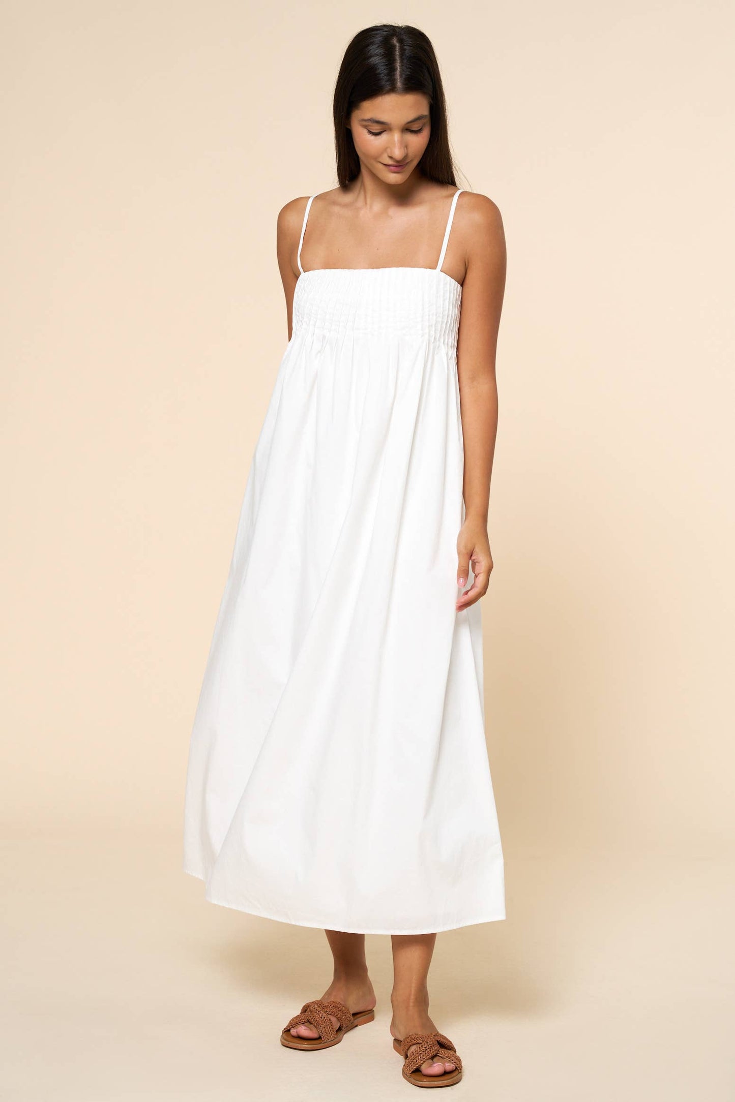 Pleated Spaghetti Straps Maxi Dress - White