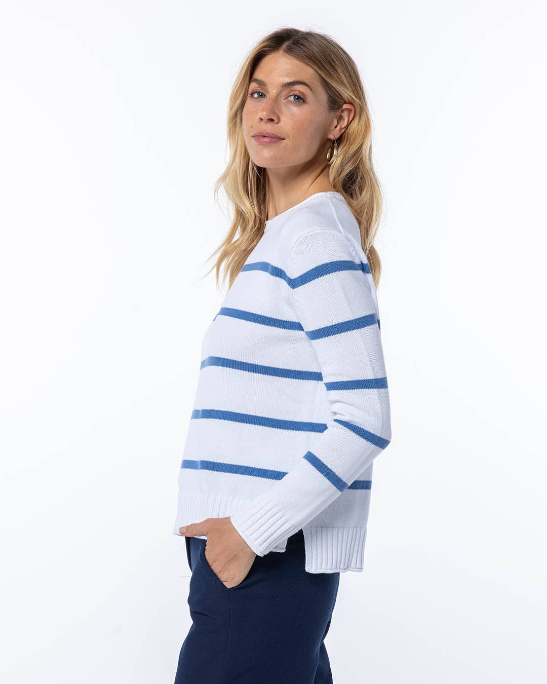 Everyday Cotton Crew - White with French Blue Stripes