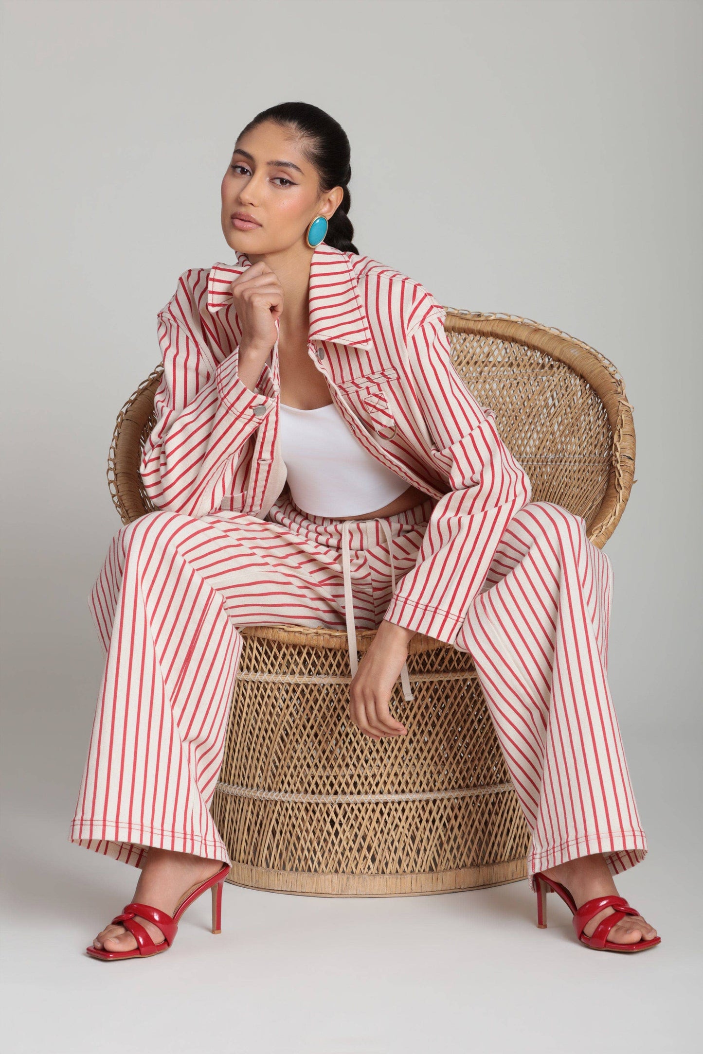 Striped Stretch Cotton Wide Leg Pants - Cream/Red Stripe
