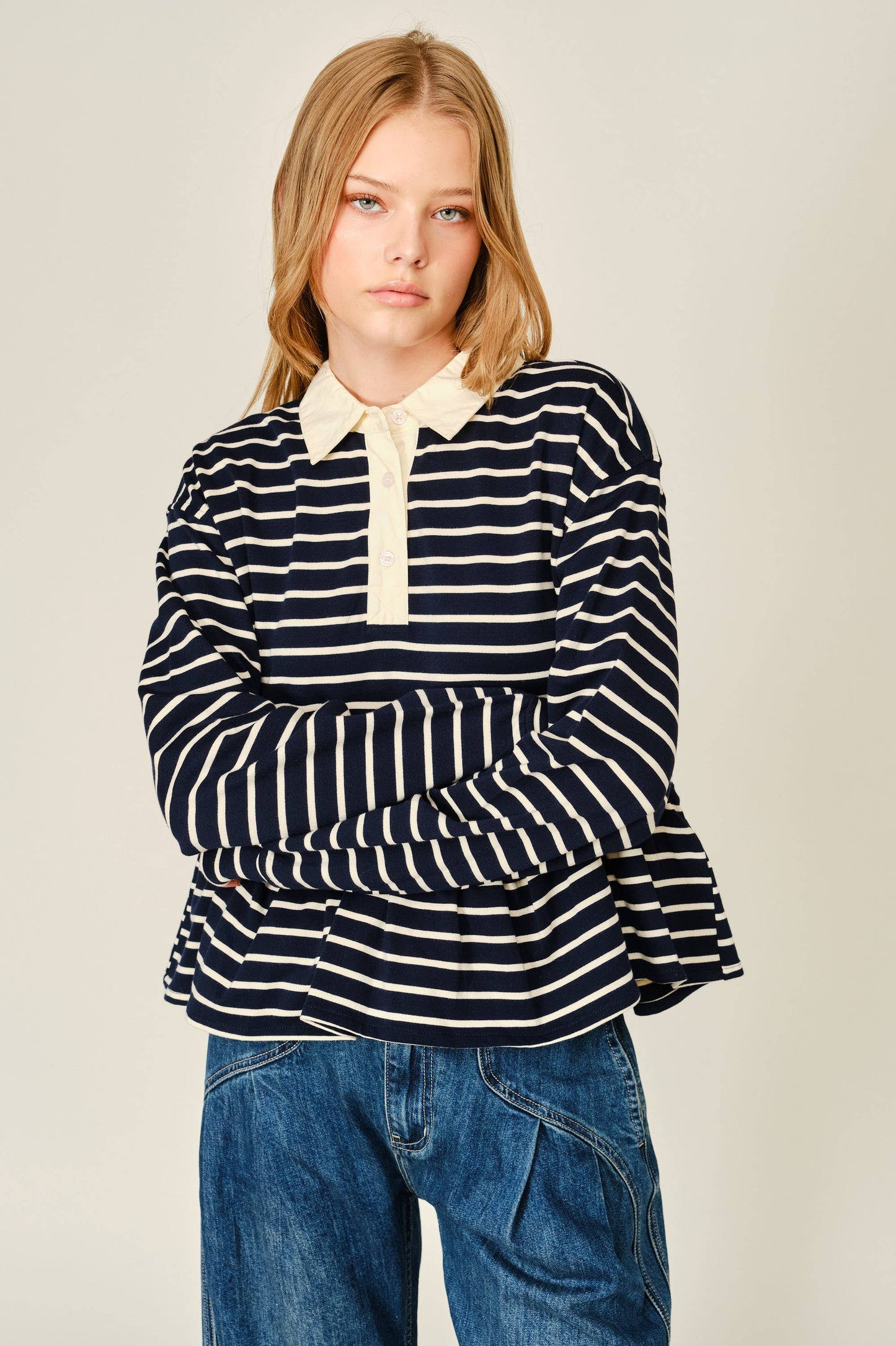 Flare Polo Sweatshirt Navy Stripes