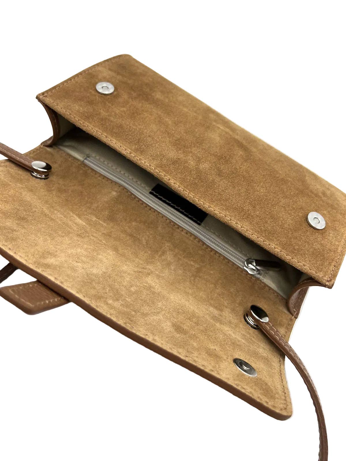 Suede + Leather Flap Clutch with Detachable Strap, Made in Italy - Dark Brown