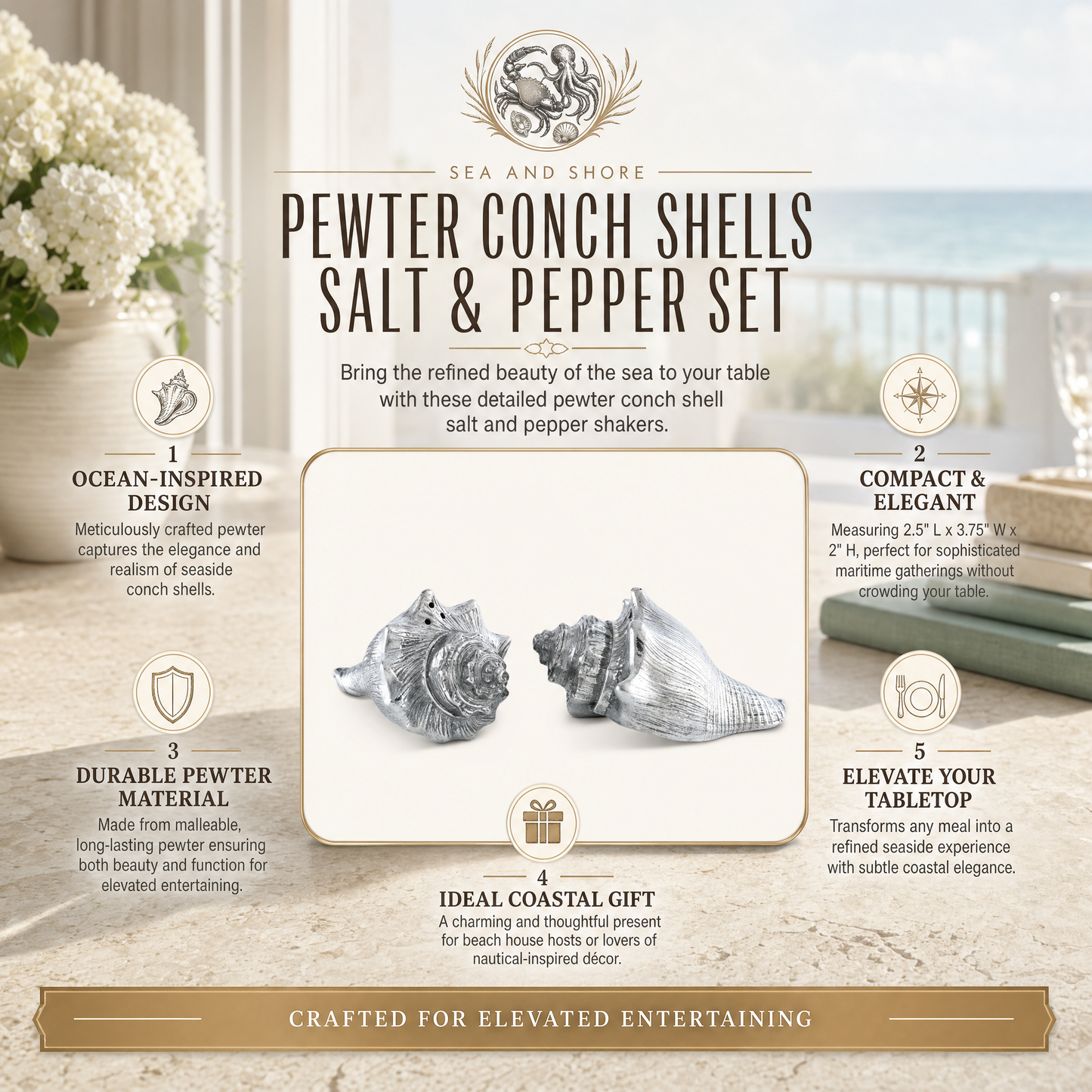 Pewter Conch Shells Salt & Pepper Set