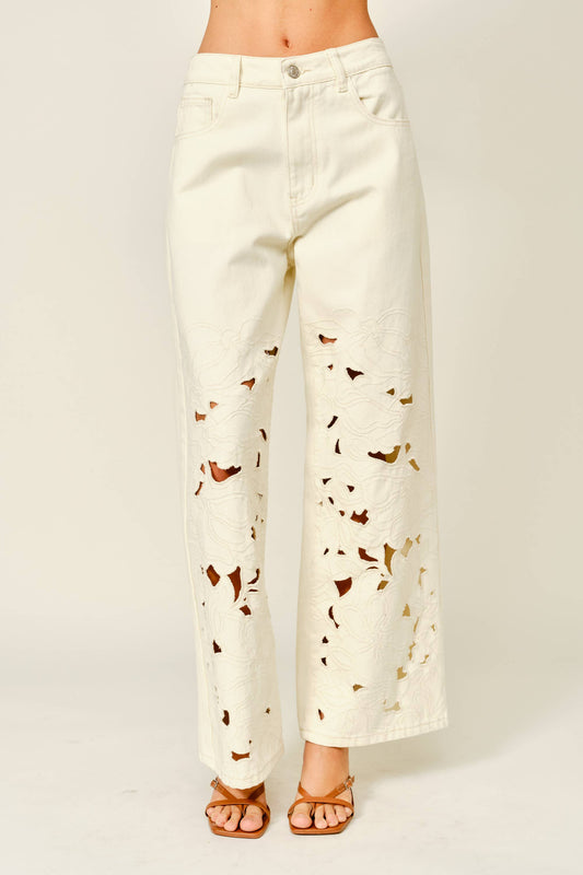 Embroidered Straight Jeans - Ivory