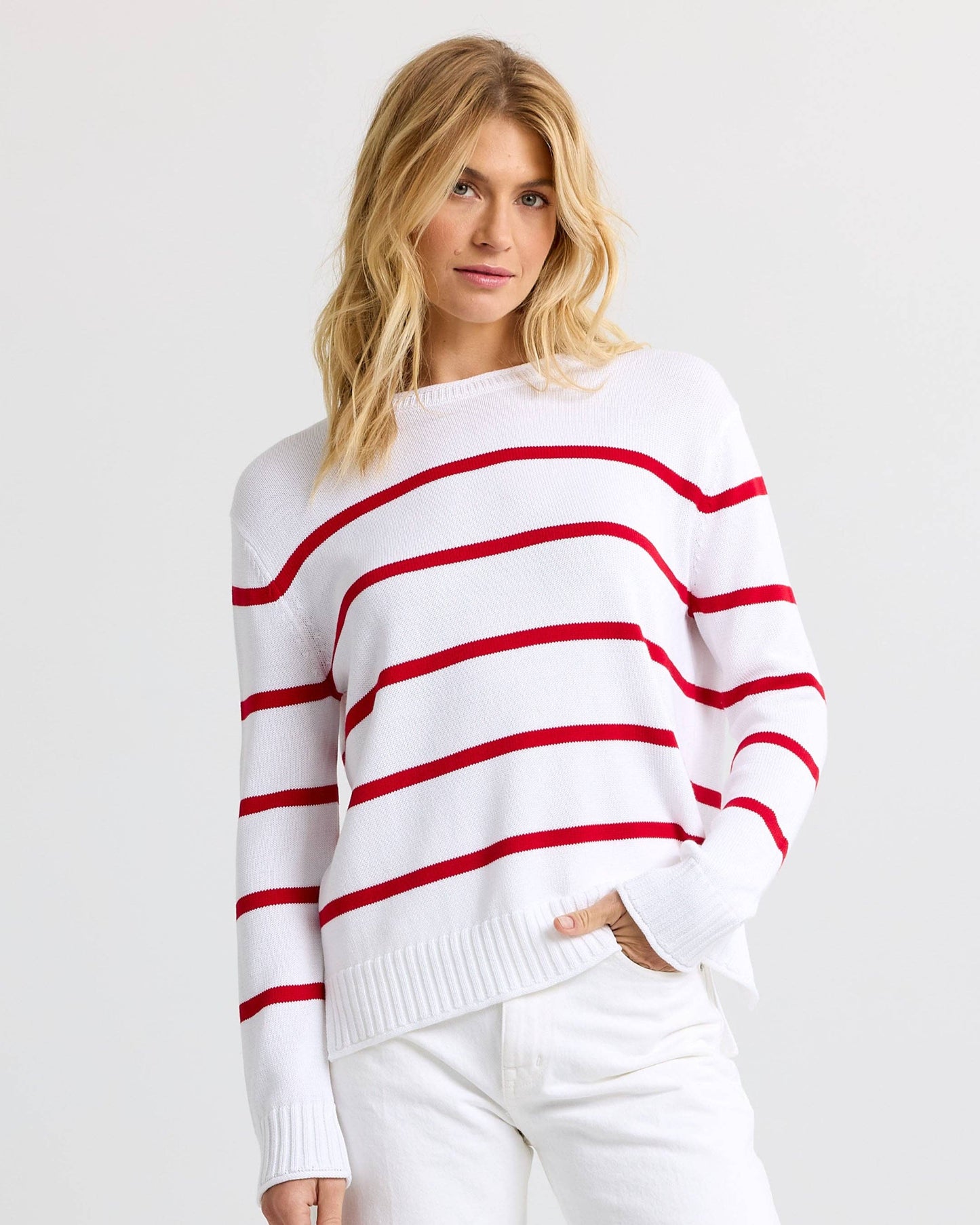 Everyday Cotton Crew - White with Red Stripes