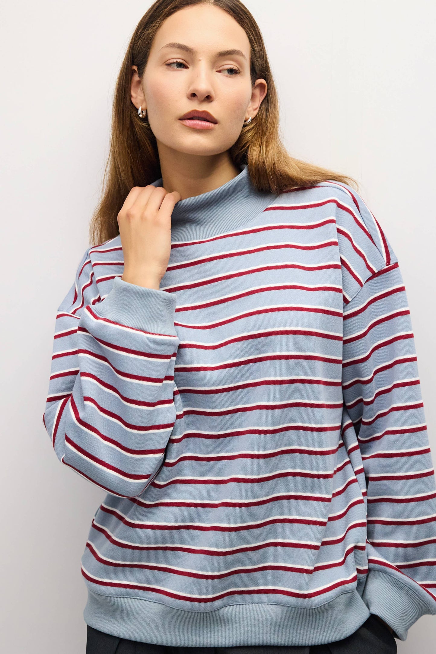 PREORDERThe Charlie Sweater Mock Neck Striped Sweater - Blue-Burgundy-White