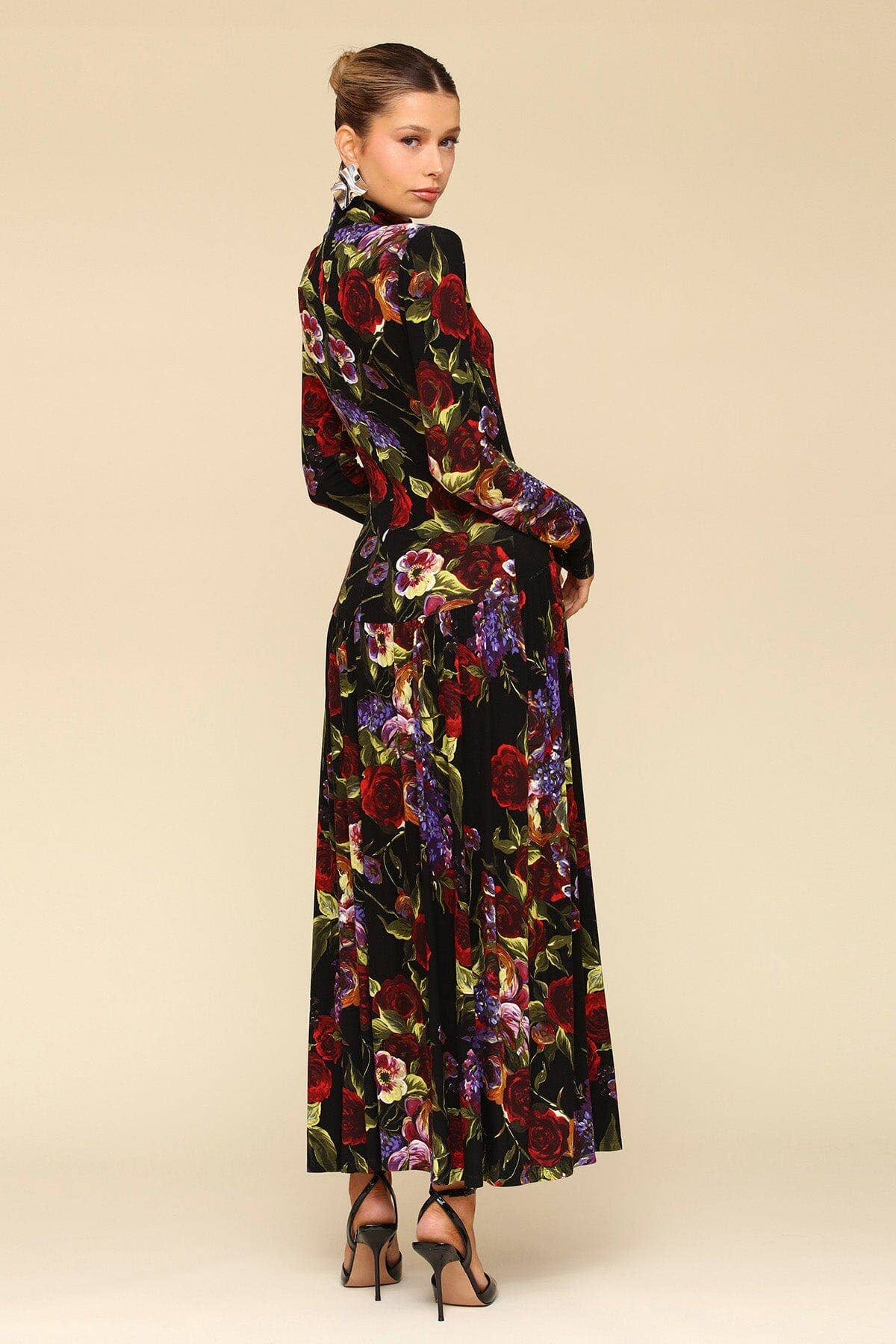 Dark Floral Drop-Waist Maxi Dress - Dark Portofino Rose
