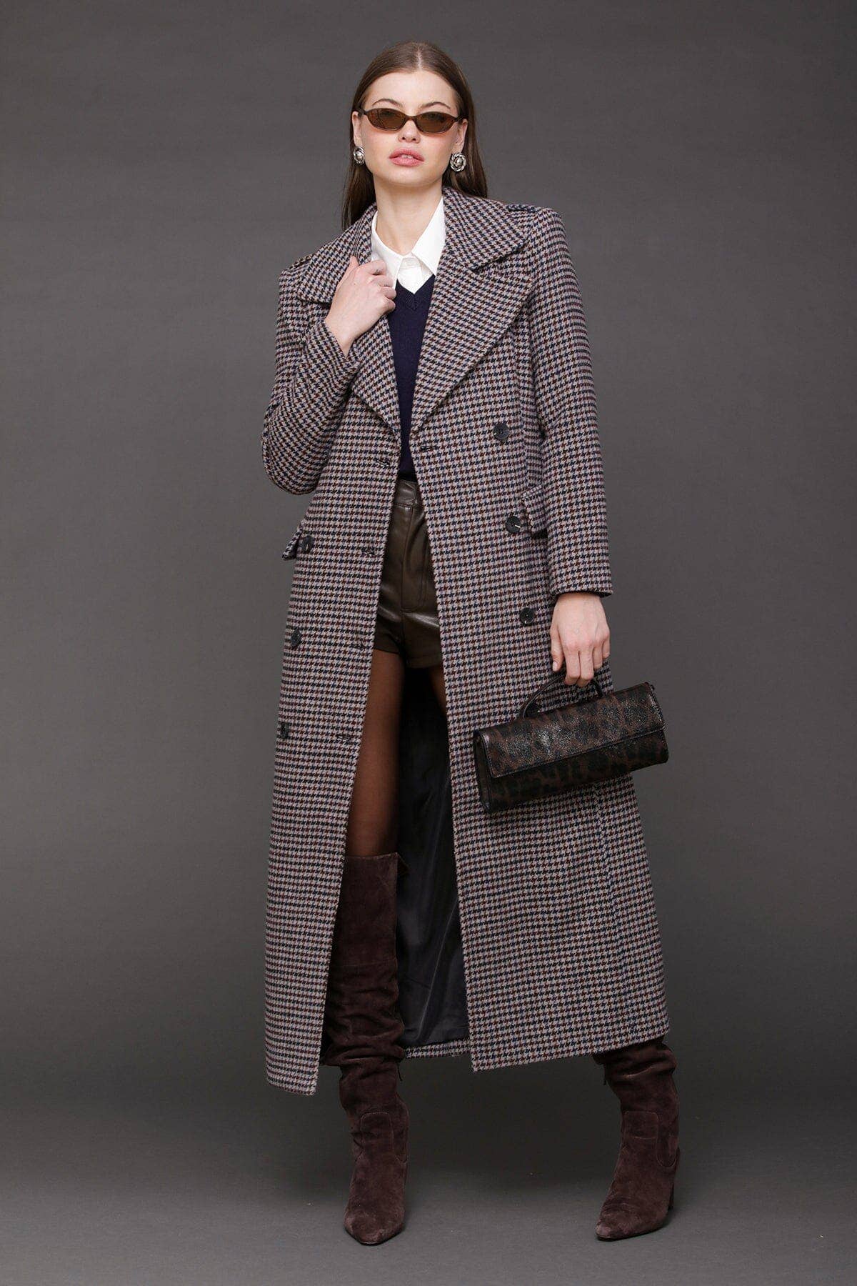 Heritage Houndstooth Maxi Coat - Grey/Navy