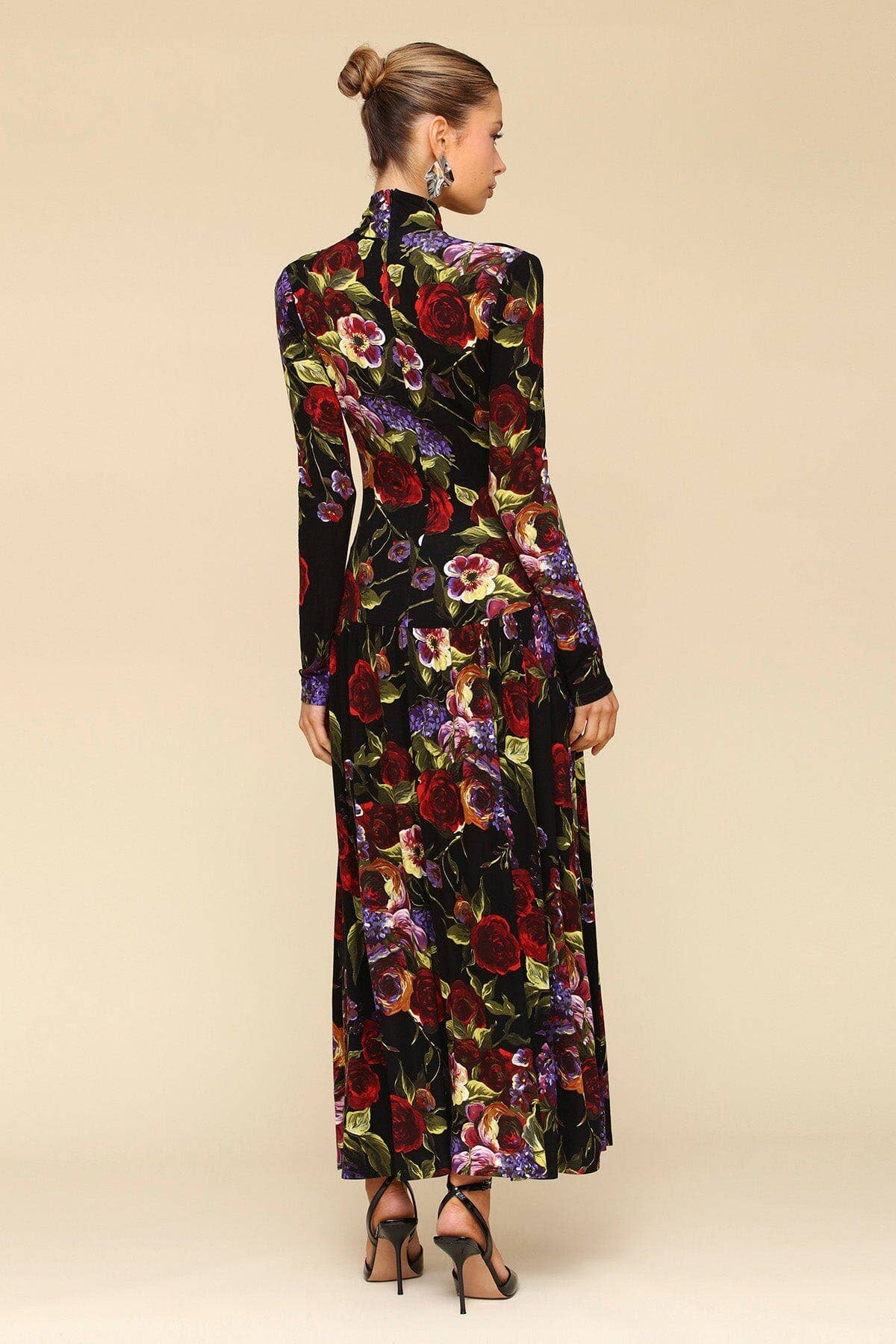 Dark Floral Drop-Waist Maxi Dress - Dark Portofino Rose