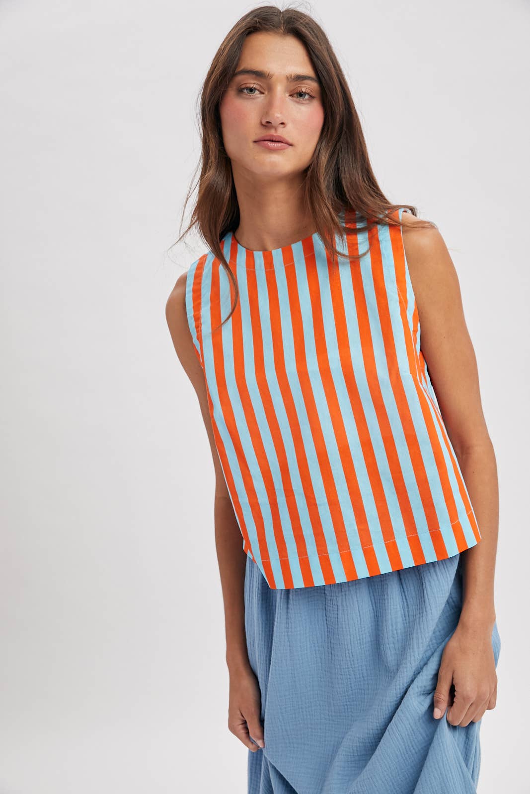 Striped Cotton Tank Top - Sky Blue/Orange