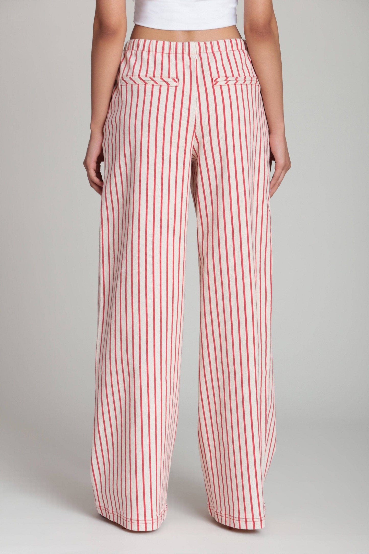 Striped Stretch Cotton Wide Leg Pants - Cream/Red Stripe