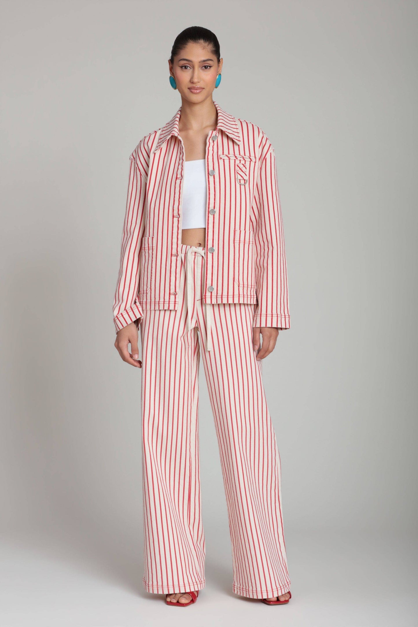 Striped Stretch Cotton Wide Leg Pants - Cream/Red Stripe