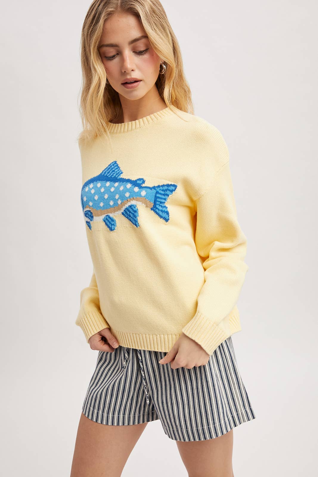 Cotton Crewneck Fish Sweater - Butter Yellow