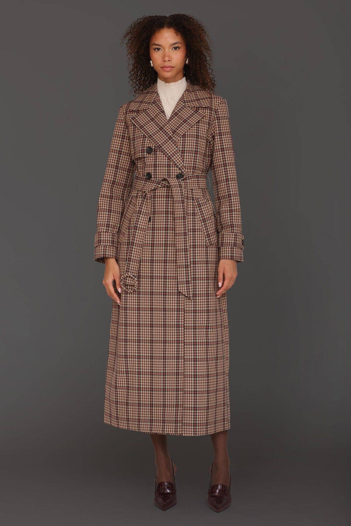 Plaid Belted Maxi Trench Coat - Brown/Orange