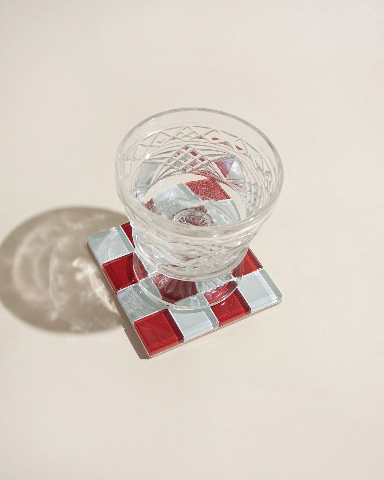 Glass Tile Coaster - Red + White Check - Subtle Art Studios