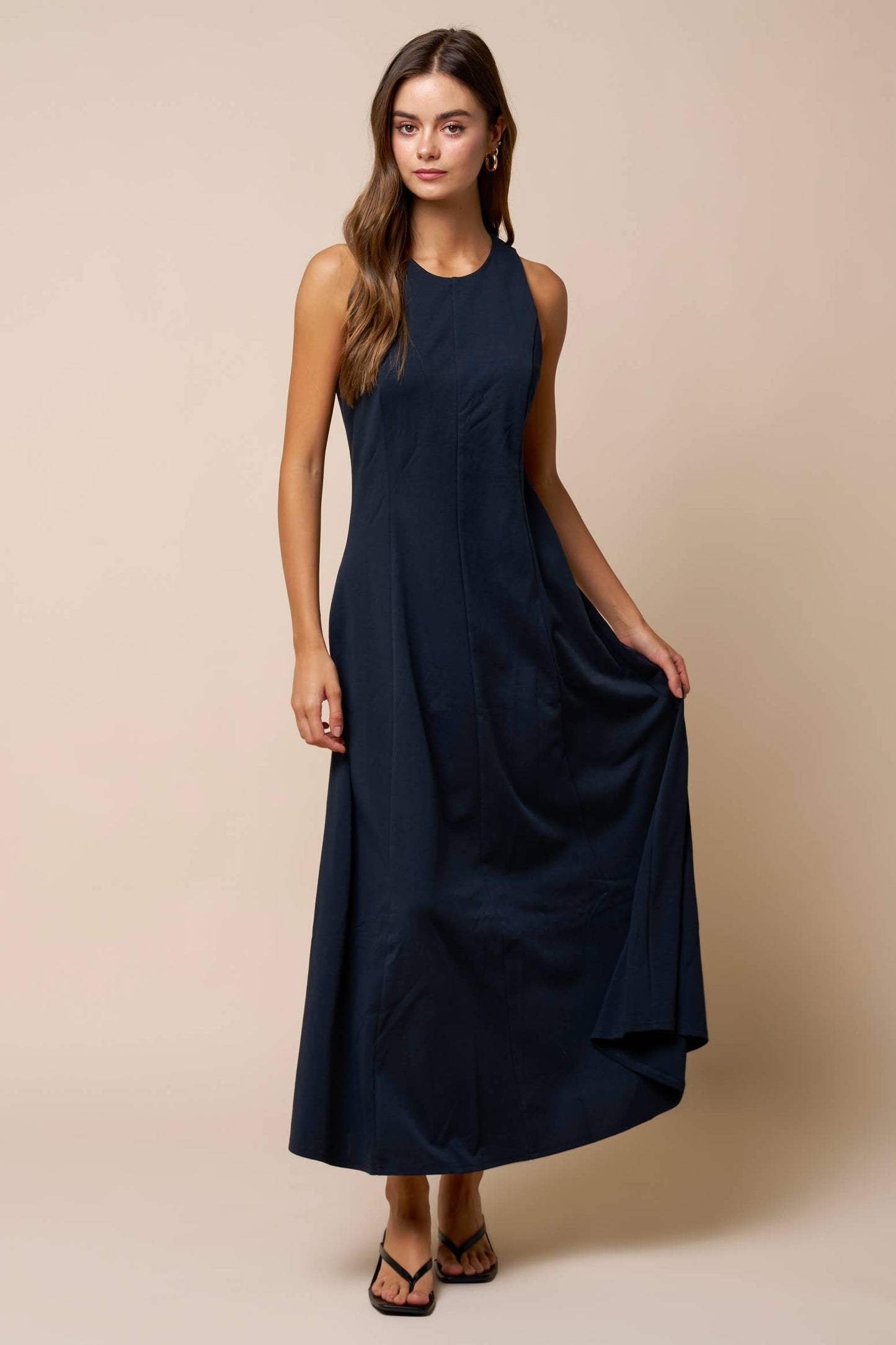 Flare Scuba Sleeveless Maxi Dress - Navy