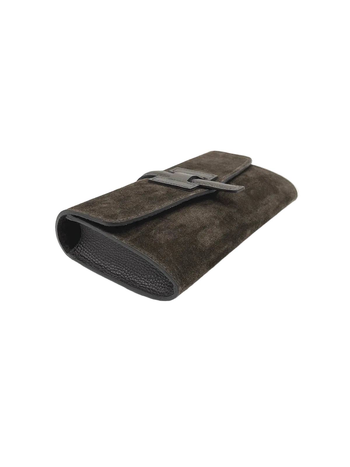 Suede and Leather Flap Clutch with Detachable Strap, Made in Italy - Taupe