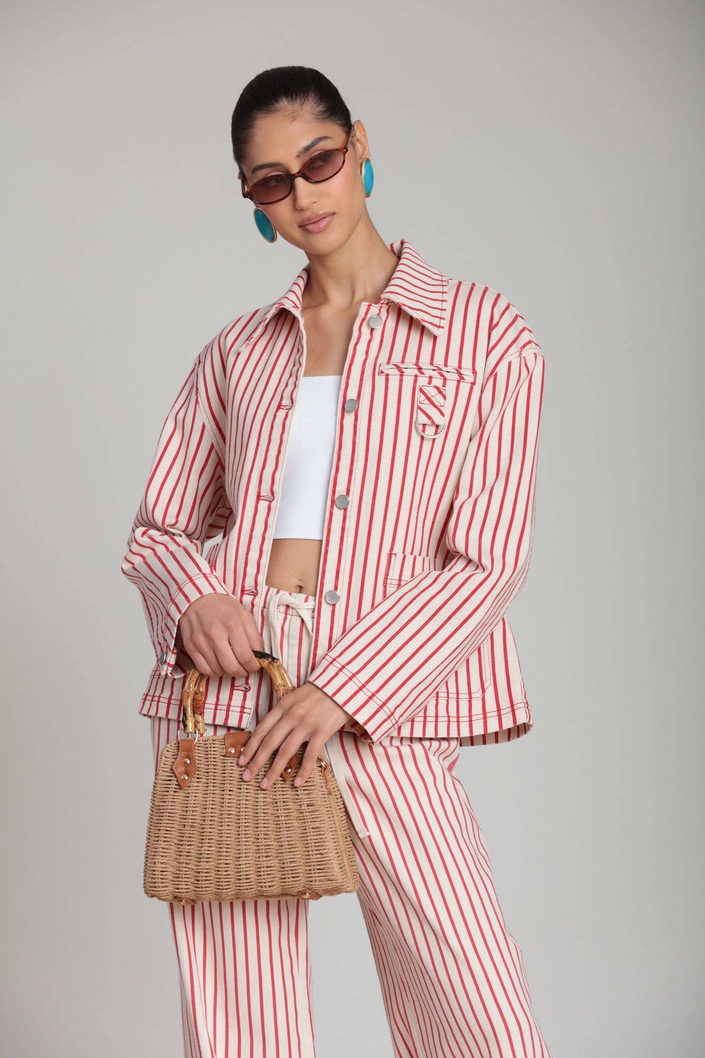 Striped Stretch Cotton Wide Leg Pants - Cream/Red Stripe