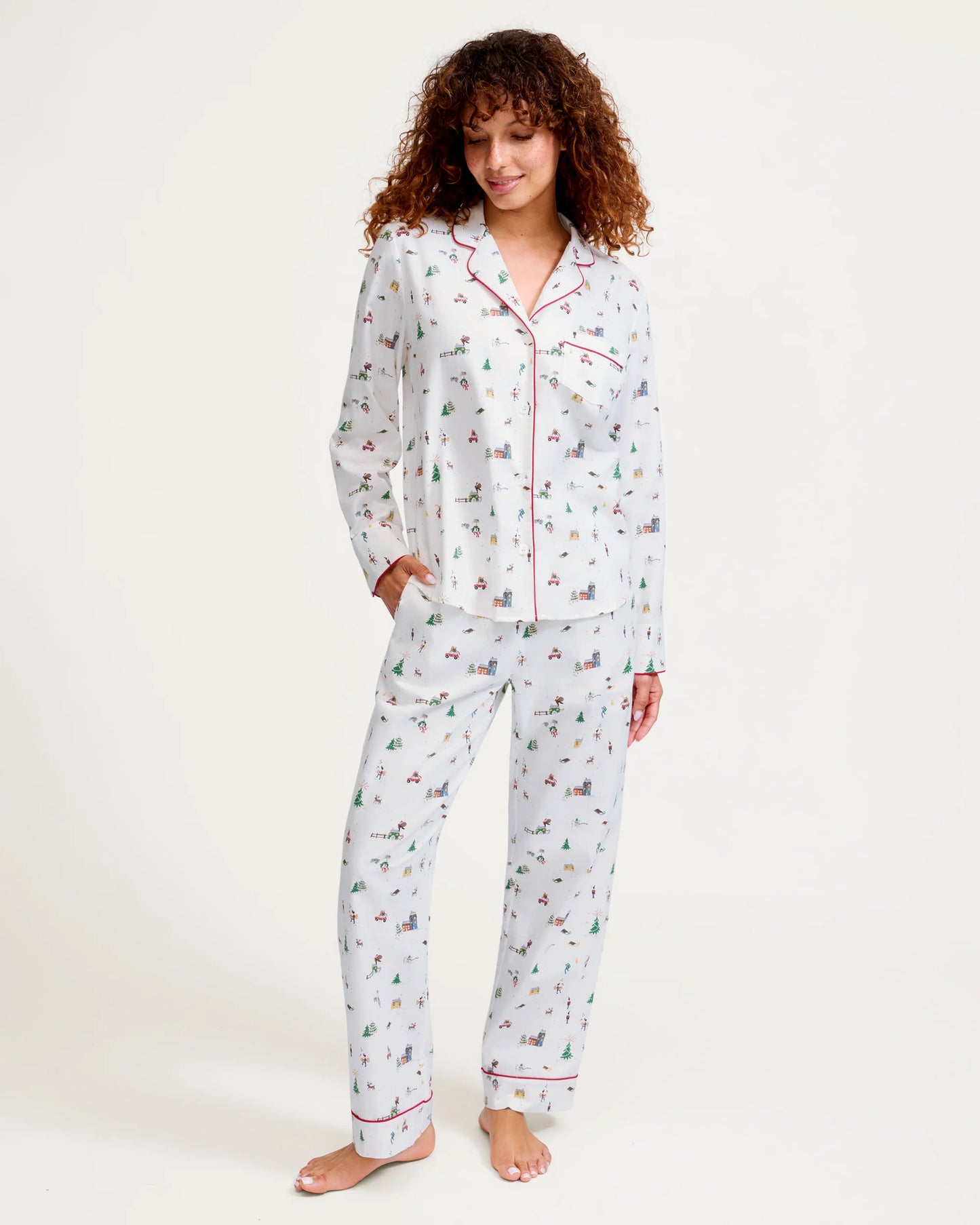 Women's Twill Pajama Set in Holiday Town - Petite Plume