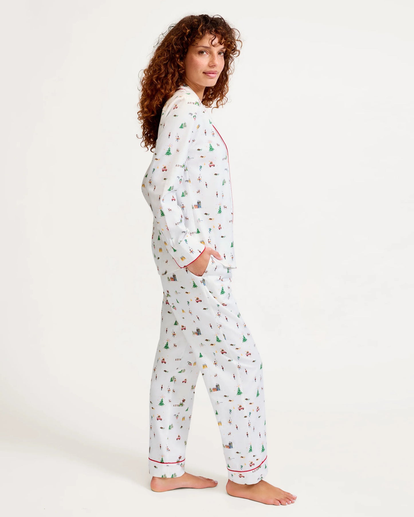 Women's Twill Pajama Set in Holiday Town - Petite Plume