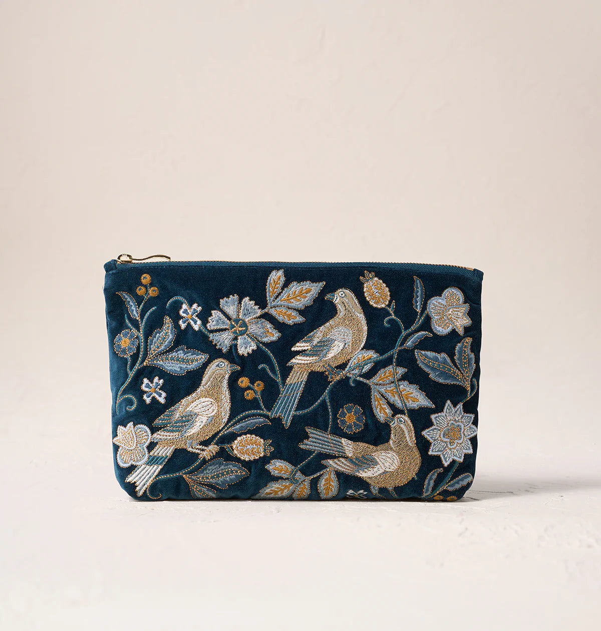 Botanical Birds Velvet Everyday Pouch - Ink Blue - Elizabeth Scarlett